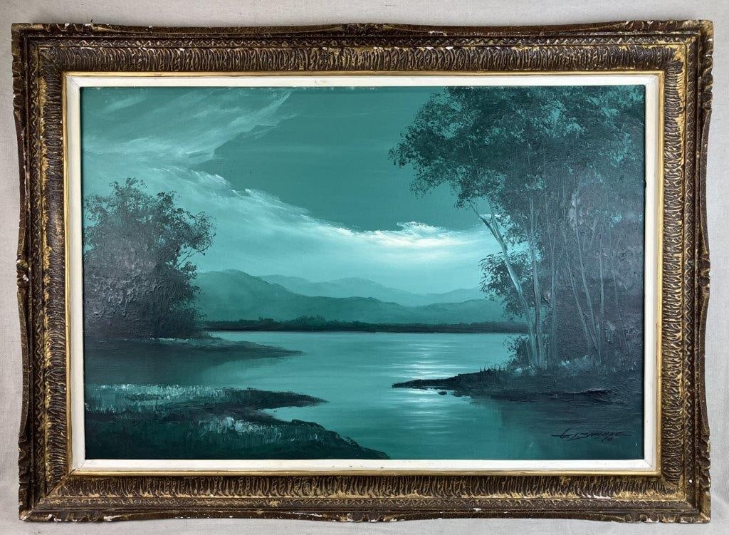 Southern Coastal Marsh Landscape Oil Painting: Oil painting depicting a Southern coastal landscape, signed “G. I. Sanchez,” executed with careful brushwork and slight impasto application. The composition features a predominantly green
