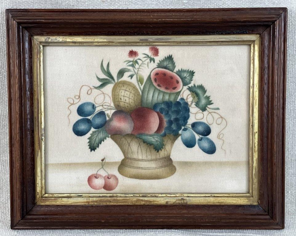 American Folk Art Still Life Painting: Mid century American folk art still life painting depicting a fruit basket, executed on fabric in the theorem technique using stencils, a method popularized in the late 19th century. The composition