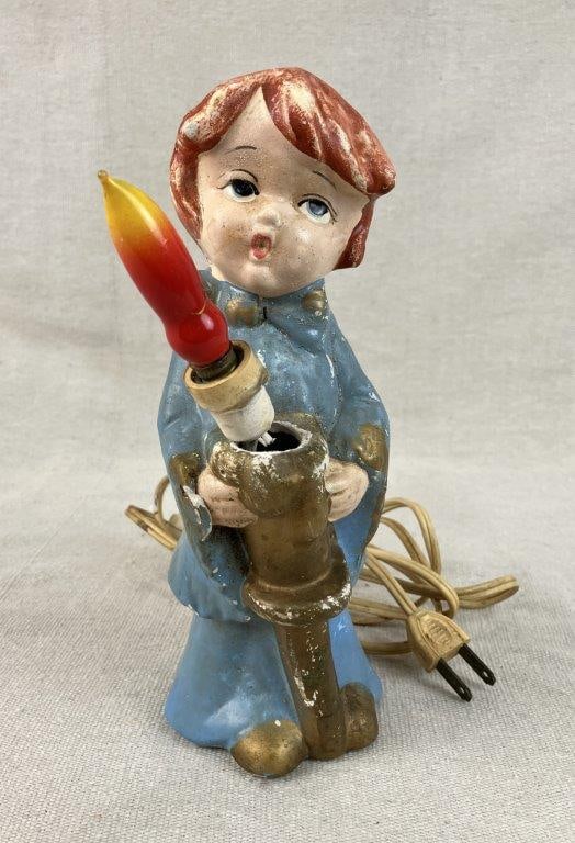 Mid Century Singing Angel Light-Up Figurine: Mid century light-up figurine in the form of a singing angel, most likely made in Japan and typical of 1950s–1960s holiday décor. Constructed of molded plastic with hand-painted details,