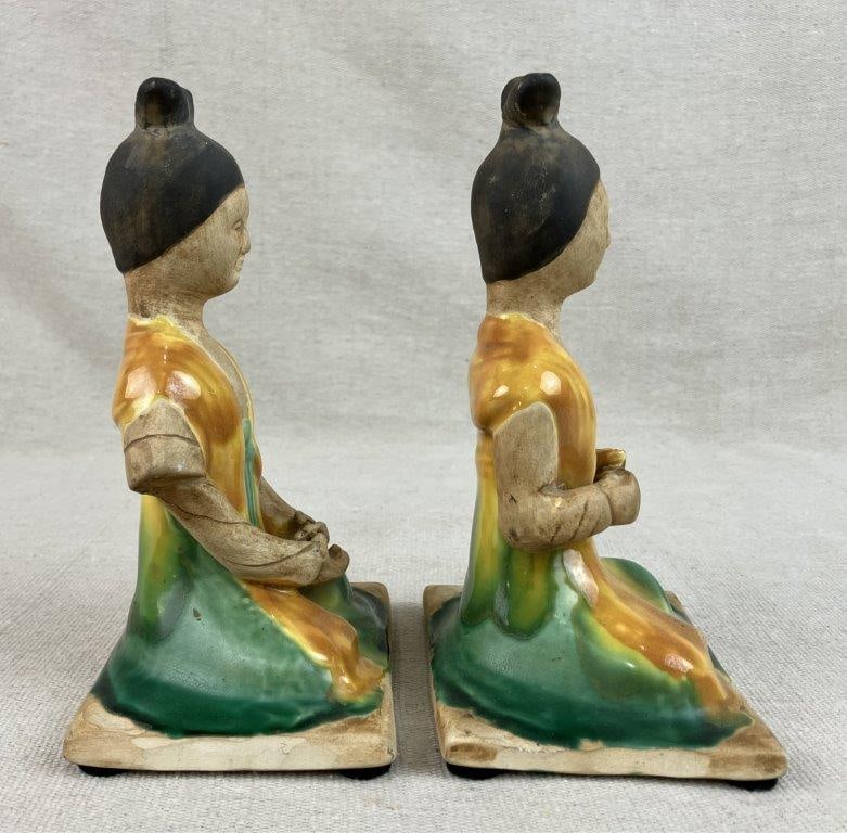 Pair of Chinese Glazed Pottery Seated Figurines - 4