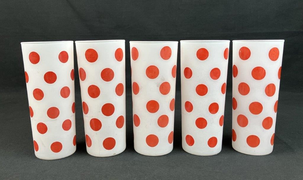 Five Mid Century Modern Red Polka Dot Frosted Glasses - 5