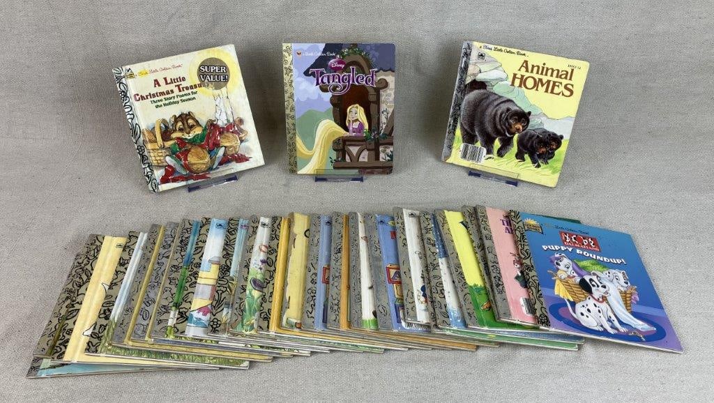 Twenty-Five Childrens Golden Books: Group of approximately twenty-five childrens books including Disney's Tangled, A Little Christmas Treasure, and Animal Homes. The collection reflects a range of mid to late 20th century children’
