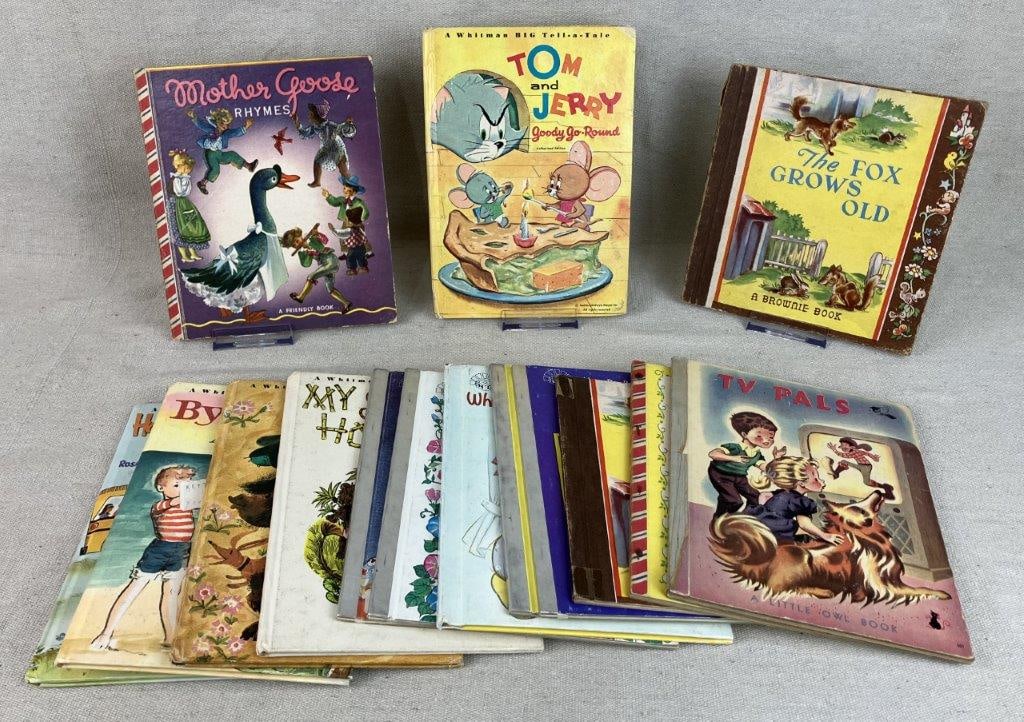 Fifteen Childrens Books: Mid to Late 20th Century, group of approximately fifteen childrens books including The Fox Grows Old, Mother Goose Rhymes, Tom and Jerry, and more. One measures approximately 7 3/8" H x 6 7/8" W x