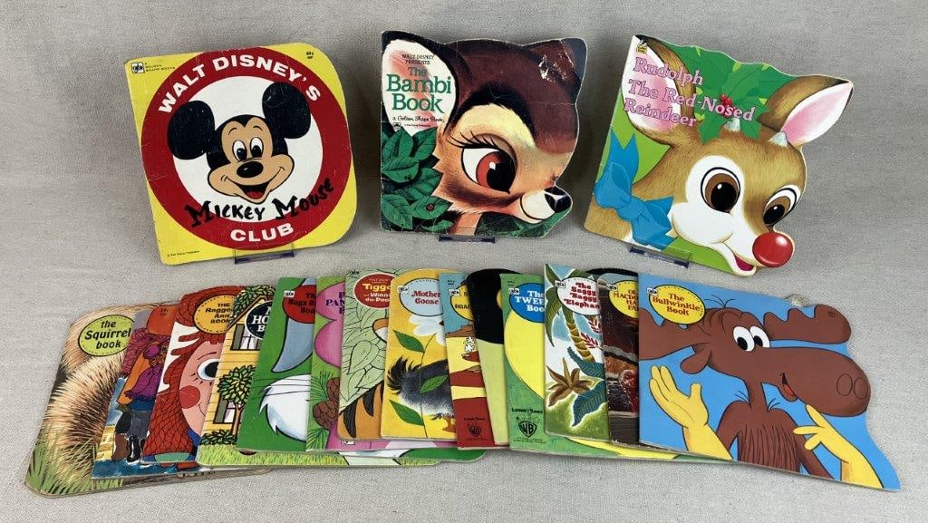 Seventeen Childrens Golden Shape Books: Group of approximately seventeen vintage childrens books including The Squirrel Book, Rudolph the Red-Nosed Reindeer, Mickey Mouse Club, The Bambi Book, and more. One measures approximately 8" H x 8"