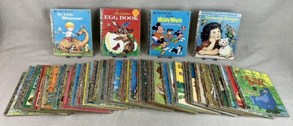 Fifty Childrens Golden Books: Group of vintage childrens books from the Little Golden Book Series including My Little Dinosaur, Nursery Songs, Mickey Mouse and the Kitten-Sitters, more. One measures approximately 8" H x 6 3/4" W x