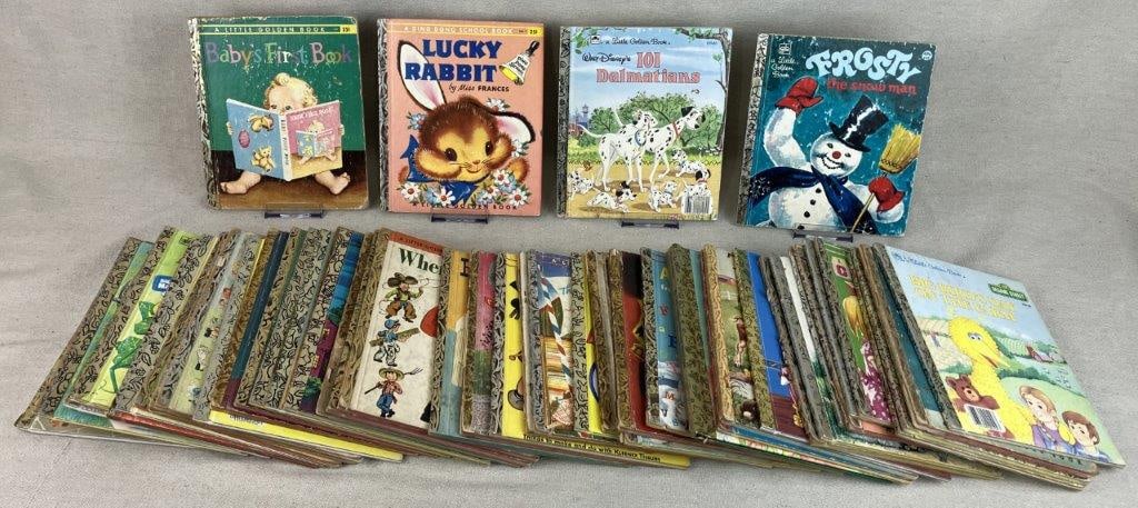 Fifty Childrens Golden Books: Group of vintage childrens books from the Little Golden Book Series including Disneys 101 Dalmatians, Lucky Rabbit, Frosty the Snowman, Babys First Book, and more. One measures approximately 8" H x 6