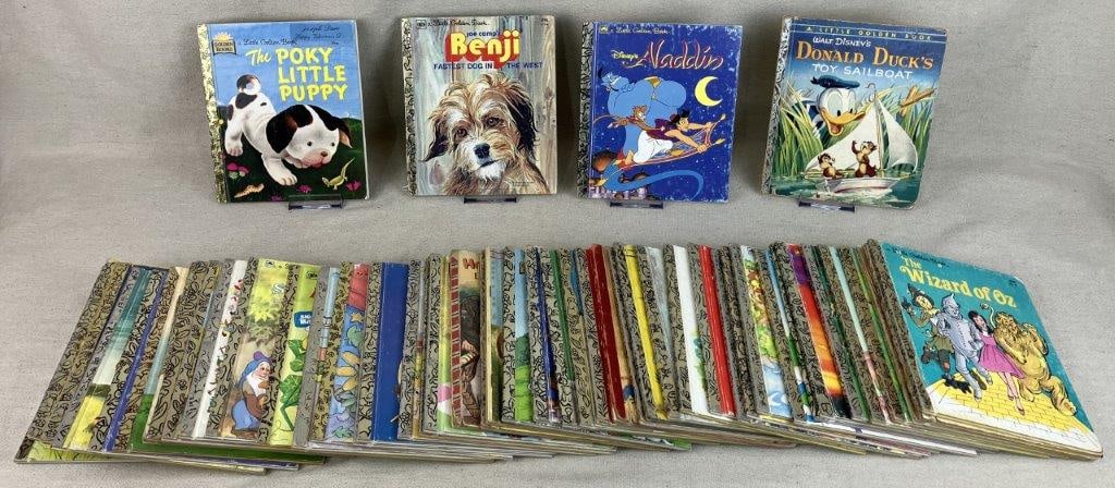 Fifty Childrens Golden Books: Group of vintage childrens books from the Little Golden Book Series including Disneys Aladdin, The Poky Little Puppy, Disneys Donald Duck's Toy Sailboat, Benji, and more. One measures approximately