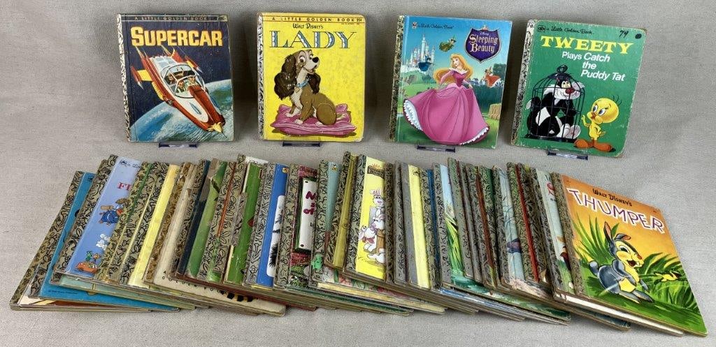 Fifty Childrens Golden Books: Group of vintage childrens books from the Little Golden Book Series including Tweety Plays Catch and the Puddy Tat, Disneys Sleeping Beauty, Supercar, Disneys Lady, and more. One measures