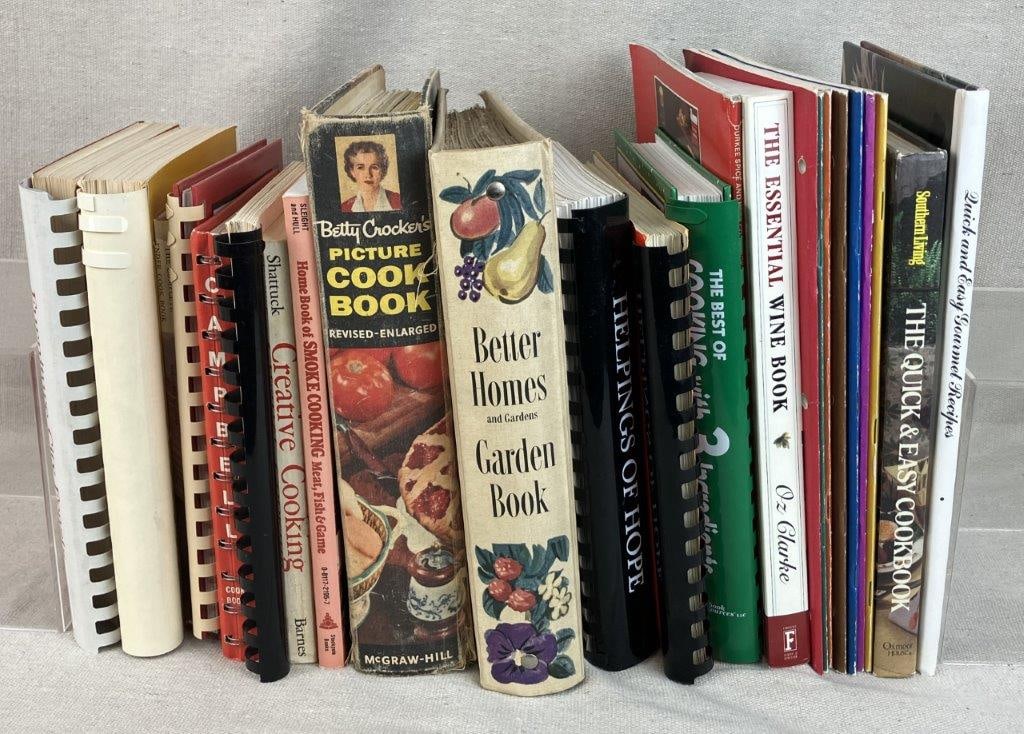 Assortment of Twenty-Four Cookbooks: Group of approximately twenty-four cookbooks, including vintage examples such as Better Homes and Gardens Garden Book and Betty Crocker Picture Cookbook, along with other culinary volumes. The