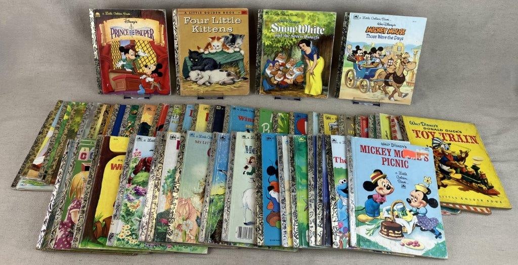 Fifty Childrens Golden Books: Group of vintage childrens books from the Little Golden Book Series with a some Disney titles including Snow White and the Seven Dwarves, Mickey Mouse Those Were the Days, Prince and the Pauper, Four