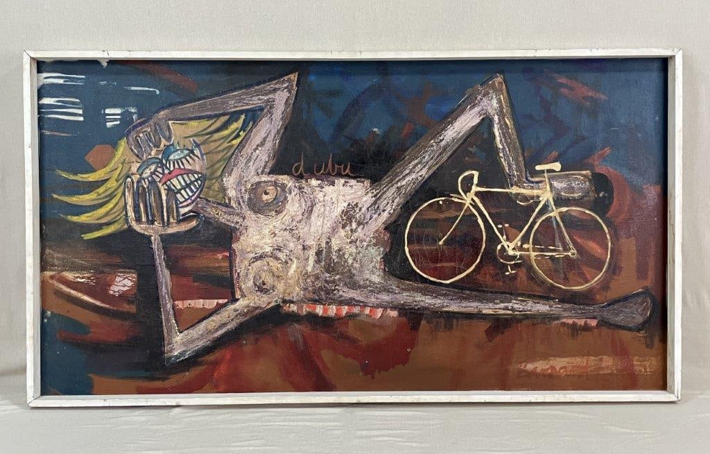 Robert Barnard "Bountiful Nude with Cycle" Abstract Painting: This early, large-scale work by Robert John Barnard (1921–2012) reflects the artist’s expressive and colorful abstract style. Born in Northampton, England, Barnard served as a Royal Engine