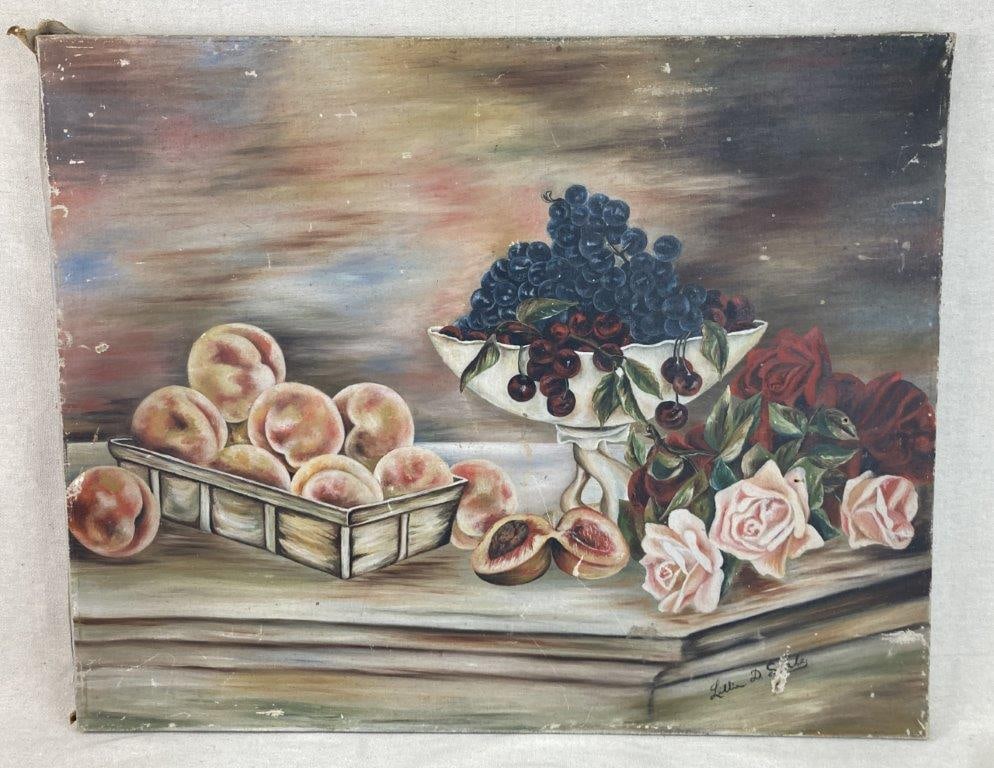 Folk Art Still Life Oil Painting: Late 19th century or early 20th century oil on canvas still life depicting a bowl of berries surrounded by peaches and roses arranged on a tabletop, rendered in soft brown tones with vibrant color acc