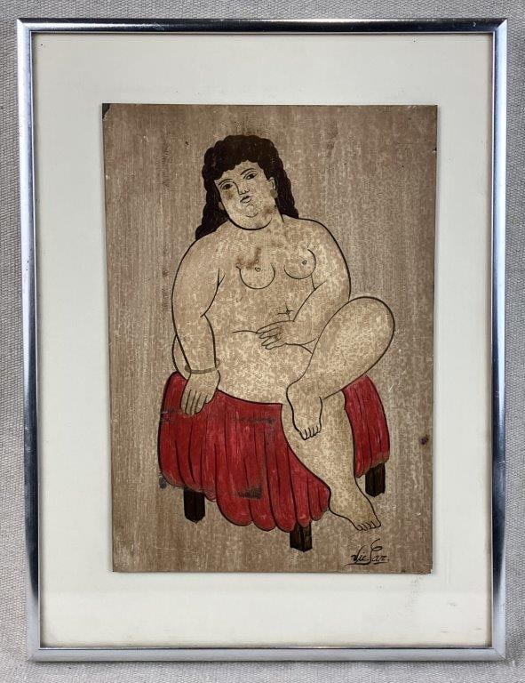 Modernist Boterismo Style Nude Painting: Modernist painting likely in the Boterismo style, signed by the artist, depicting a seated female nude with exaggerated, rounded proportions, draped in red fabric and seated on a stool. The compositio