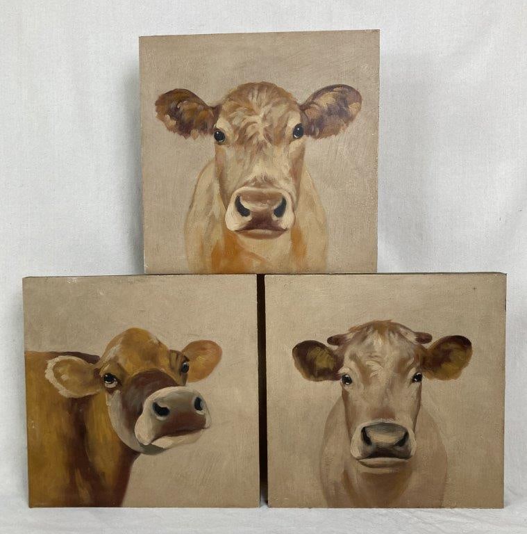 Three Cow Oil Paintings: Group of three oil paintings on panel depicting cows, rendered in rich earth tones with charming, expressive detail. One measures approximately 17 7/8â€³ H x 17 7/8â€³