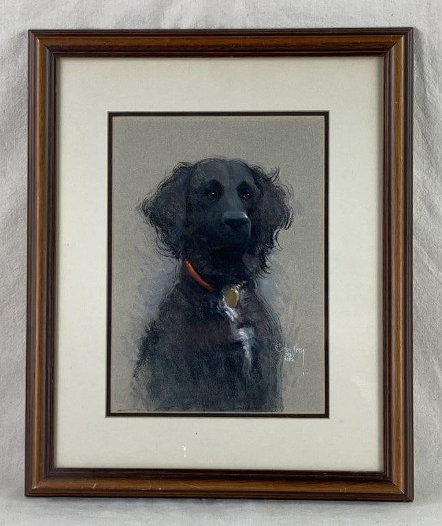Flat-Coated Retriever, Carlos Trey, Oil Pastel: This oil pastel portrait captures the gentle and intelligent expression of a Flat-Coated Retriever, featuring a vibrant red collar and a gold tag. The artist emphasizes the breed's signature nicely