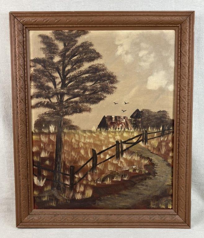Folk Art Country Landscape Oil Painting: Oil painting depicting a country farmhouse with fence and surrounding landscape, rendered in a rich earth-toned palette and signed â€œLuci.â€ Housed in a wood frame.