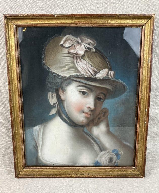 Rococo Portrait of a Lady Pastel: Pastel portrait depicting a lady in the Rococo taste, dressed in 18th century pastoral attire with a sun hat and floral adornment, her powdered hair framing expressive brown eyes with softly flushed