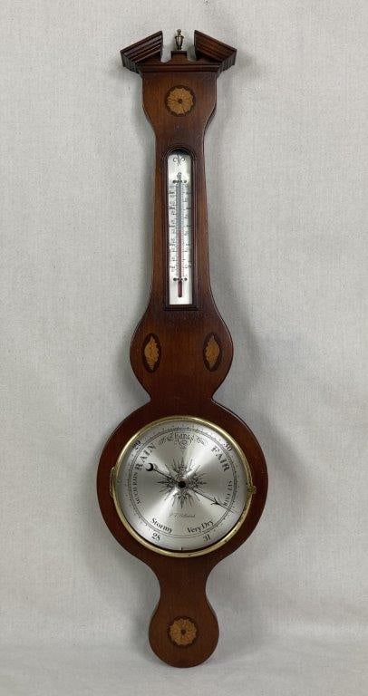 Peter Bollenbach Banjo Barometer: Decorative banjo-form barometer by Peter Bollenbach, featuring marquetry inlays with shell and starburst motifs. Measures approximately 40â€³ H x 10 7/8â€³ W x