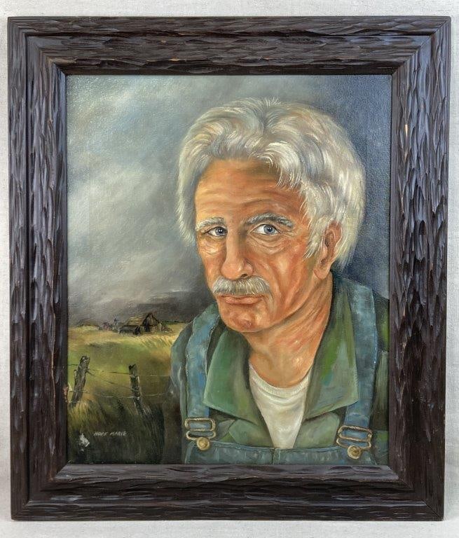 Country Farmer Portrait Oil Painting: Folk art oil painting by Hope Marie depicting a Southern farmer in overalls, rendered with strong character, set against a country landscape with a stormy sky. Housed in a carved wood frame. Frame