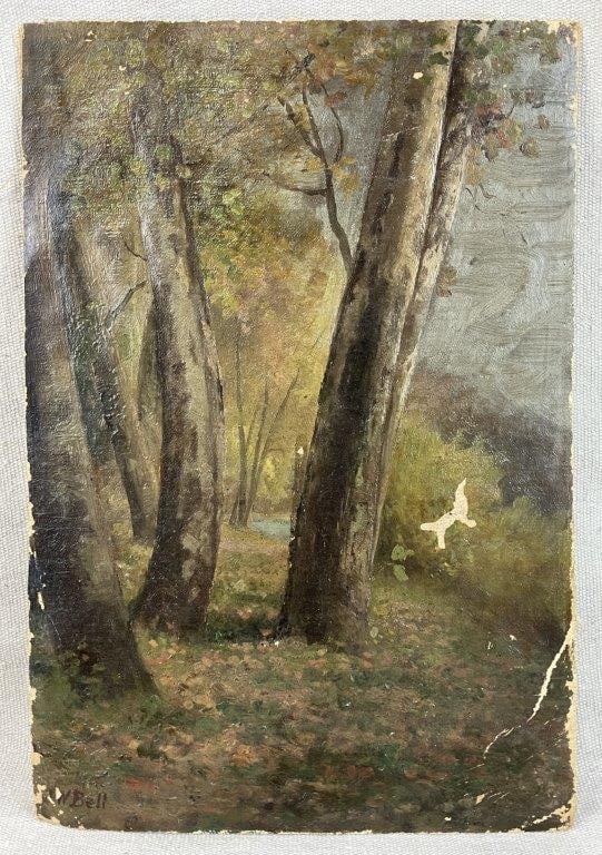 James Wethered Bell Landscape Oil Painting: Forest landscape painting executed with a masterful composition of trees and foliage, on canvas with paper backing, presenting a naturalistic and atmospheric scene. Signed J.W.Bell. Measures