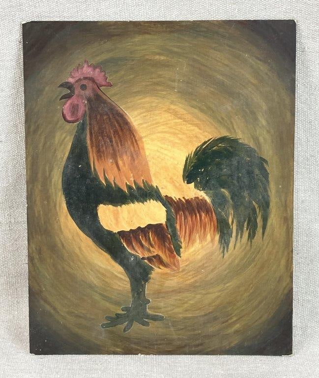 Folk Art Rooster Painting: Folk art painting depicting a rooster with expressive brushwork in an earth-tone palette, conveying strong character and rustic charm. Measures approximately 10â€³ H x
