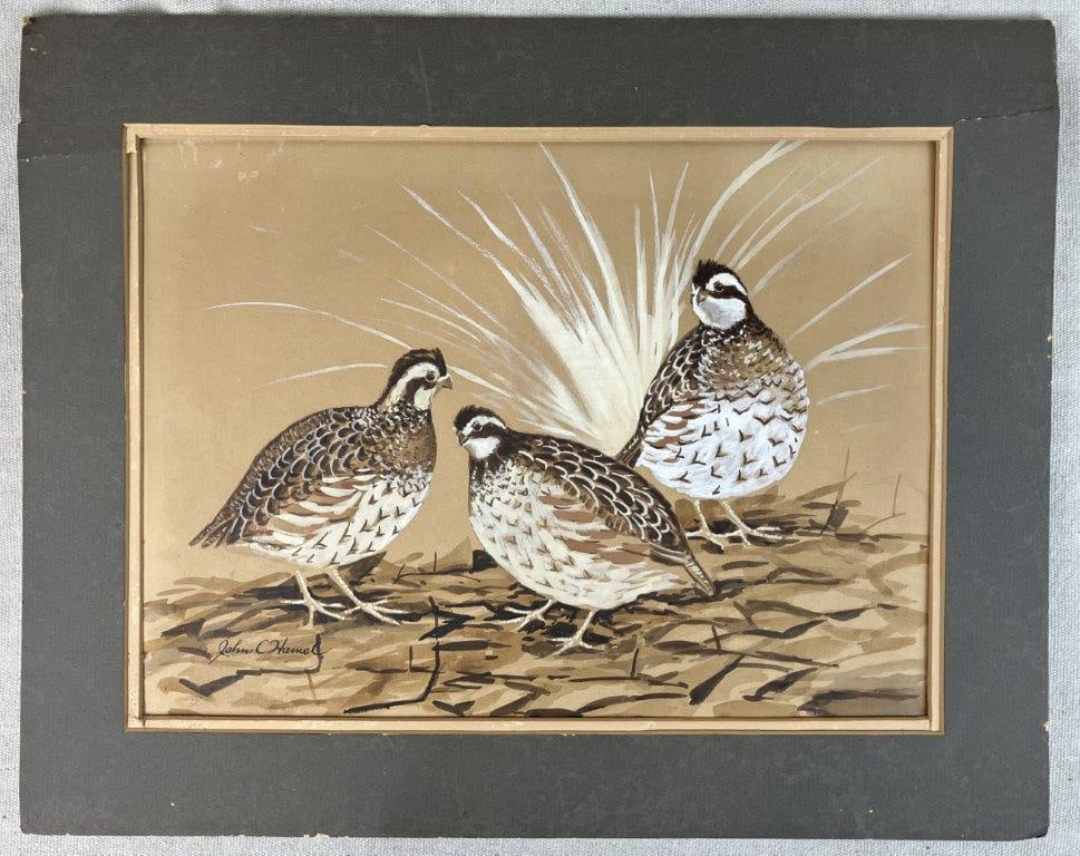 John C. Hamel Quail Bird Watercolor: Watercolor and gouache on toned paper by John C. Hamel, depicting quail in a naturalistic setting, signed by the artist. Housed in a mat measuring approximately 16â€³ H x