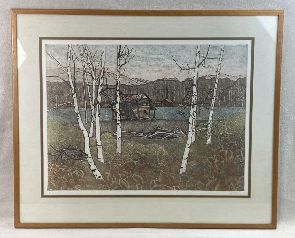 Polly Chase Country Landscape Etching: Color etching, possibly with aquatint, by Polly Chase (1916-1957), depicting a country landscape with a cabin, rendered in a soft, atmospheric manner. Housed in a warm wood frame. Frame measures