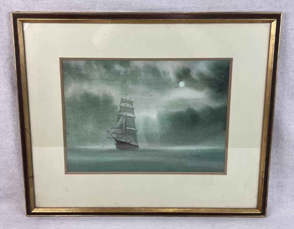 Ship at Sea Watercolor Painting: Watercolor painting depicting a ship at sea under an atmospheric twilight sky, with the moon above and calm waters below, rendered in rich green tones, signed