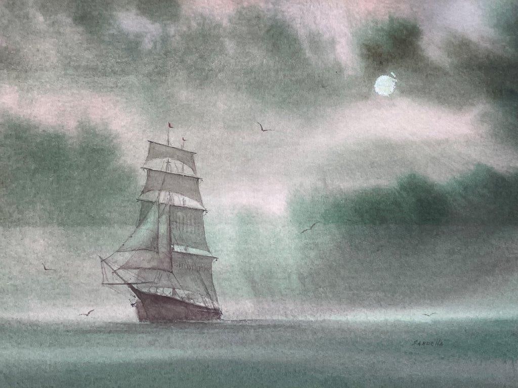 Ship at Sea Watercolor Painting - 2