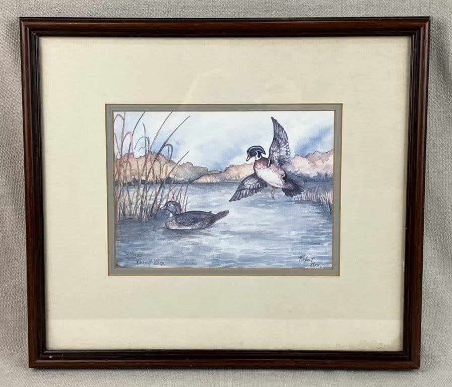 Robert Box Ducks on the Water Landscape Print: Limited edition print by Robert Box, signed in plate and additionally signed and numbered 241/550 by the artist, depicting two ducks on a lake with trees in the distance. Housed in a wood frame.