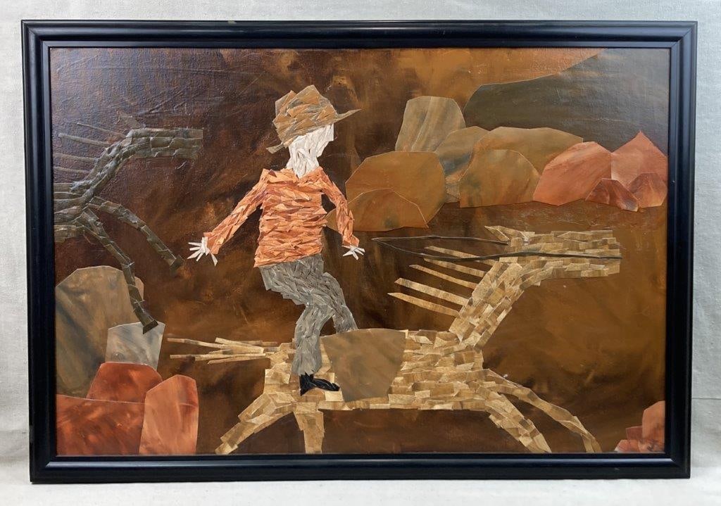 Robin Anne Cooper Man on Horse Mixed Media Painting: Mixed media painting by Robin Anne Cooper, depicting a rider on horseback within an earth-toned landscape, executed in acrylic with an additive canvas collage technique. Housed in a black frame.
