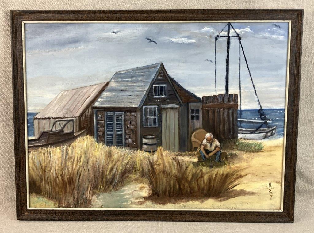 Coastal Beach House and Figure Oil Painting: 20th century folk art painting depicting an elderly man seated outside a coastal house, with a boat in the distance and shoreline beyond, signed â€œRozy.â€ Housed in