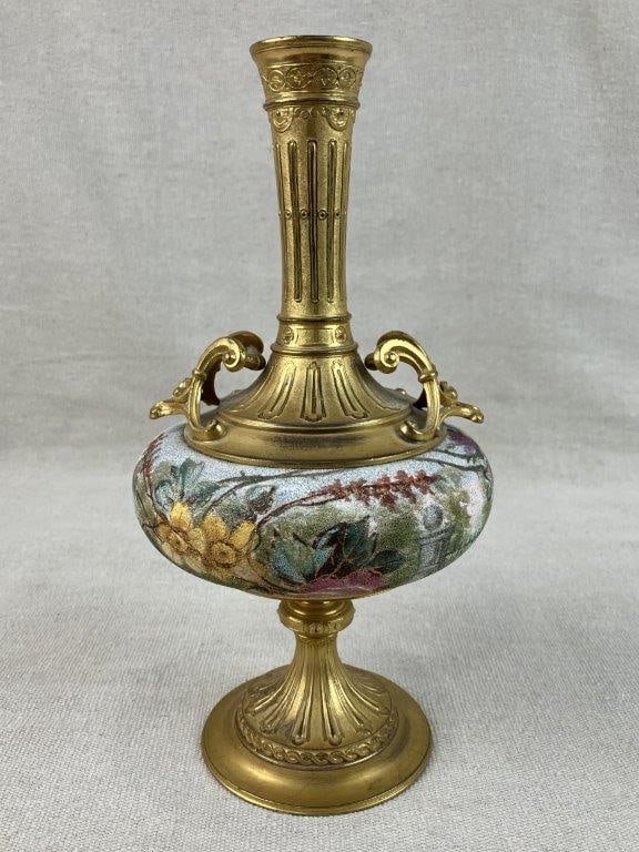 19th Century French Ormolu Vase: Gilt metal ormolu vase of neoclassical inspiration, featuring a gracefully curving form with decorative fluting and painted floral decoration. Measures approximately 10â€³ H x 4