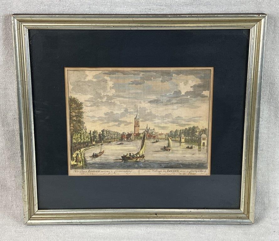 Netherlandish Hand-Colored Engraving with a View of Croneburgh Castle: Hand-colored engraving after a study by Jan de Beijer, depicting the village of Loenen with a view of Croneburgh Castle, rendered in a detailed Netherlandish landscape tradition. Likely dating to the