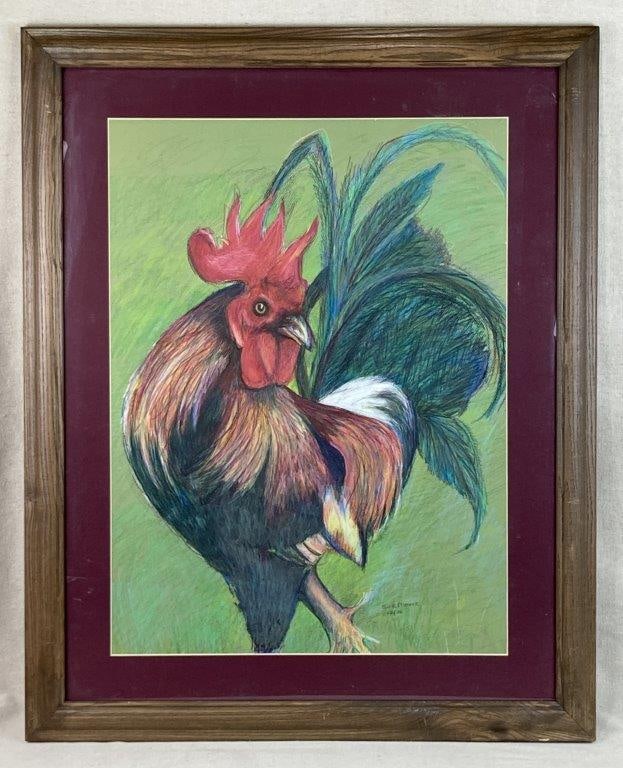 Rooster Oil Pastel Drawing: Expressive oil pastel drawing of a rooster with strong character and whimsical qualities, featuring active use of line and color, signed Sue Moore and dated 12/00. Housed in a frame measuring