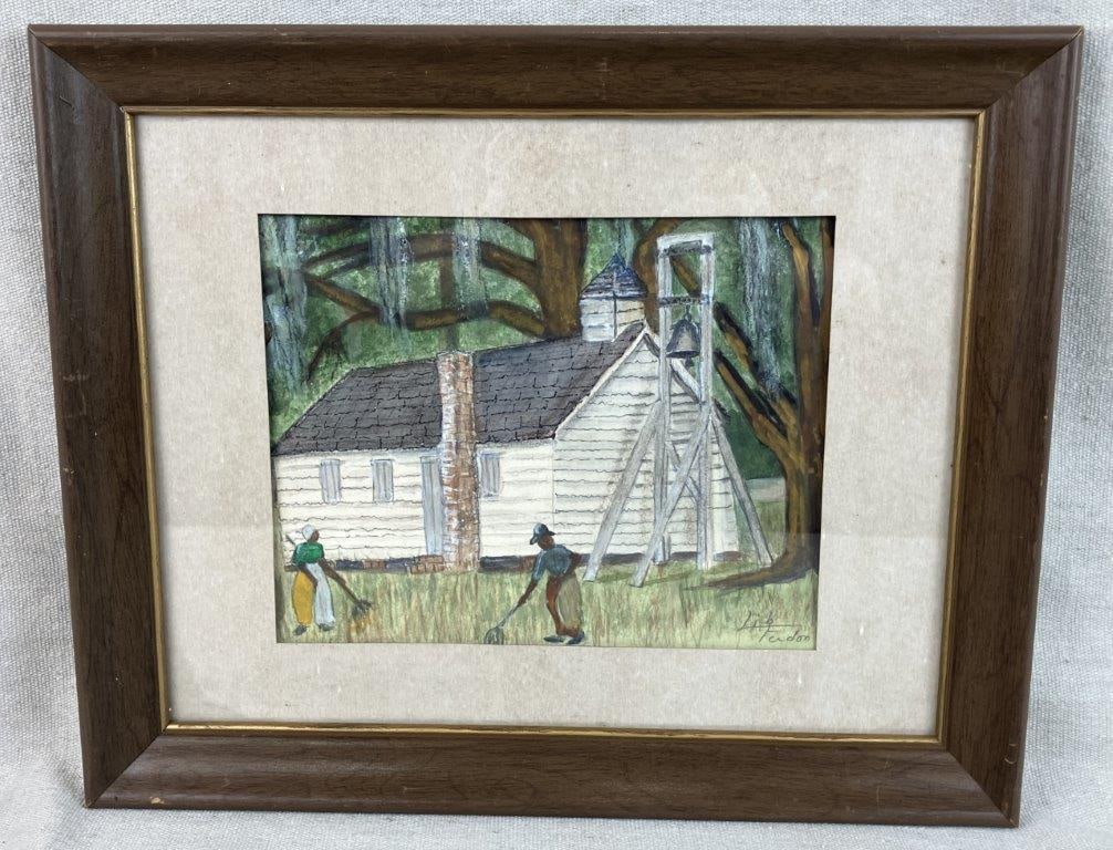 Lib Ferdon Black Americana Church Watercolor Painting: Watercolor painting by Mary Elizabeth 'Lib' Fielder Ferdon (1931-2014), depicting a white painted church set among trees with characteristic Southern Spanish moss, with two African American figures