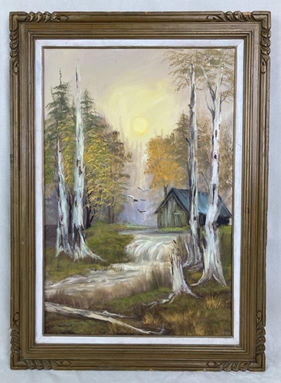 20th Century Forest Landscape, Oil Painting: This 20th-century oil painting on canvas captures a serene forest landscape, featuring a secluded small cabin nestled among nature. The composition is centered around a waterfall feeding into a