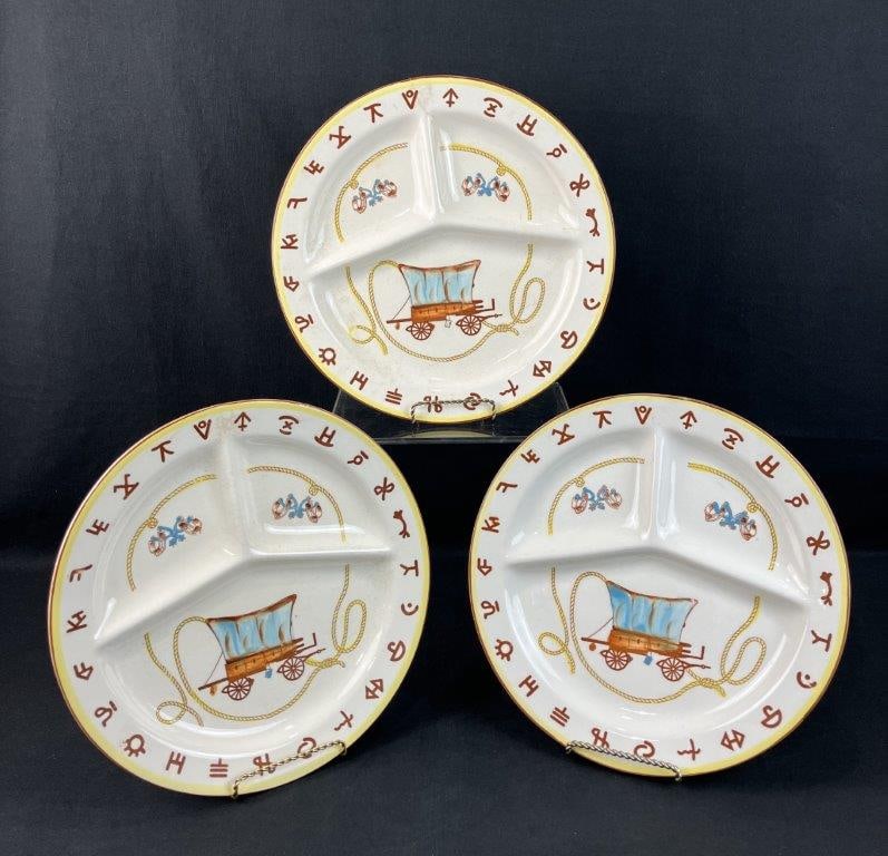 Mid Century Modern Fred Roberts Divided Grill Plates, 1950s: Group of divided grill plates by Fred Roberts Company, in the â€œChuckwagonâ€ western pattern, characteristic of mid-century design. One measures approximately