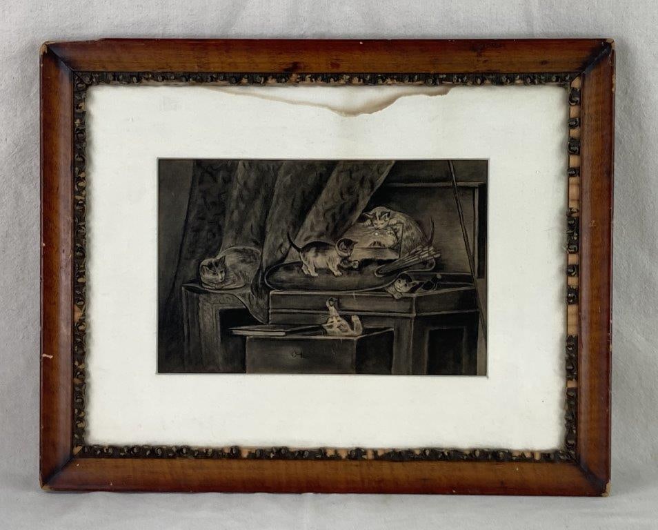 19th Century Charcoal Drawing of Kittens: This 19th-century charcoal drawing is a delightful and expressive domestic scene, capturing four kittens at play atop a chest. Beside them, an adult cat is lying gracefully on a table, keeping a