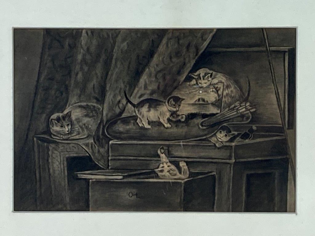 19th Century Charcoal Drawing of Kittens - 2