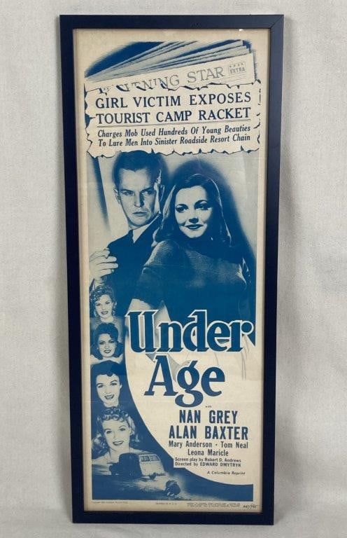 Underage Movie Poster, Circa 1950: Poster from Underage a crime drama film, presented as a limited edition example with edition number in plate and a 1951 copyright. Housed in a dark navy finished wood frame. Frame measures