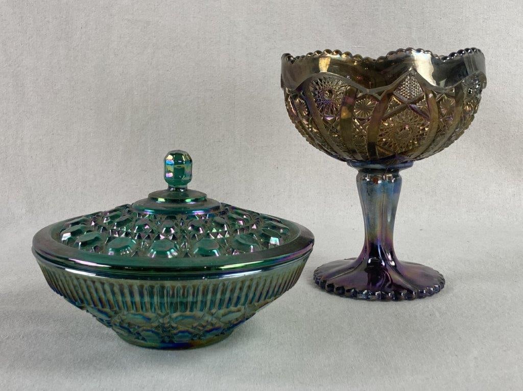 Carnival Glass Compote and Covered Dish: A striking pair of iridescent carnival glass vessels showcasing the vibrant "oil-spot" luster characteristic of early 20th-century American art glass. The collection features a compote adorned with