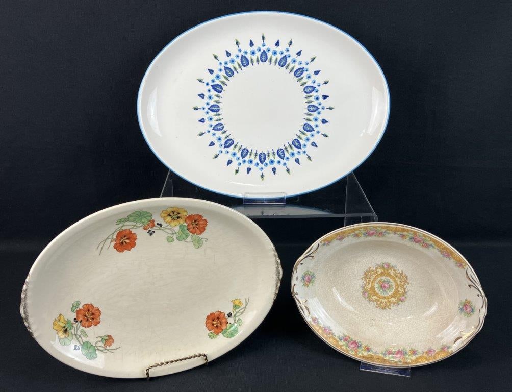 Pieces of Assorted China: Group including two plates and one bowl, with a standout rose-decorated bowl by Crown Potteries Company, accompanied by a mid-century design plate. The plate measures approximately