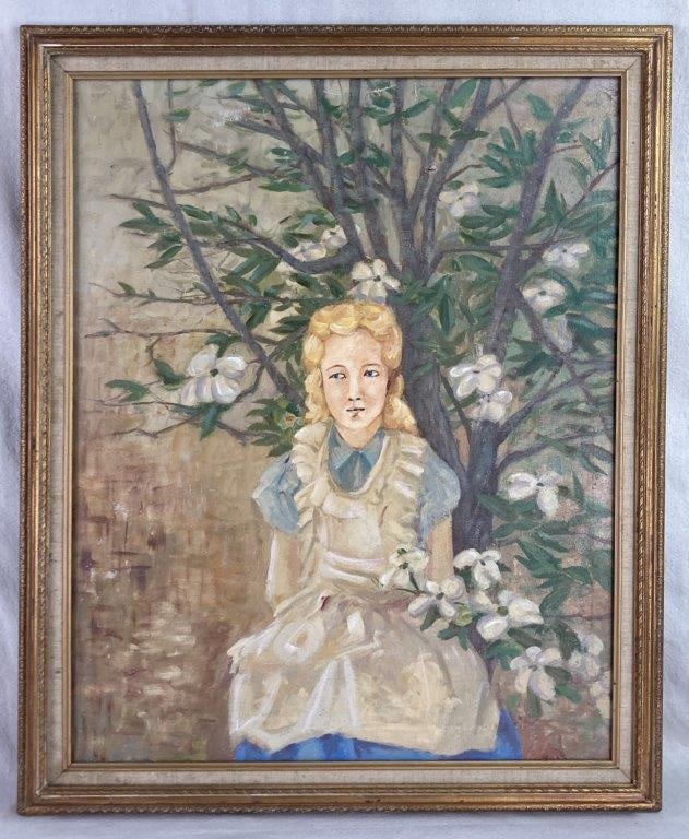 20th Century Portrait of Young Girl, Oil Painting: This 20th-century oil painting on canvas is a luminous and tender portrait, depicting a young blonde girl in a white and blue dress. She is posed serenely against the trunk of a tree in full white