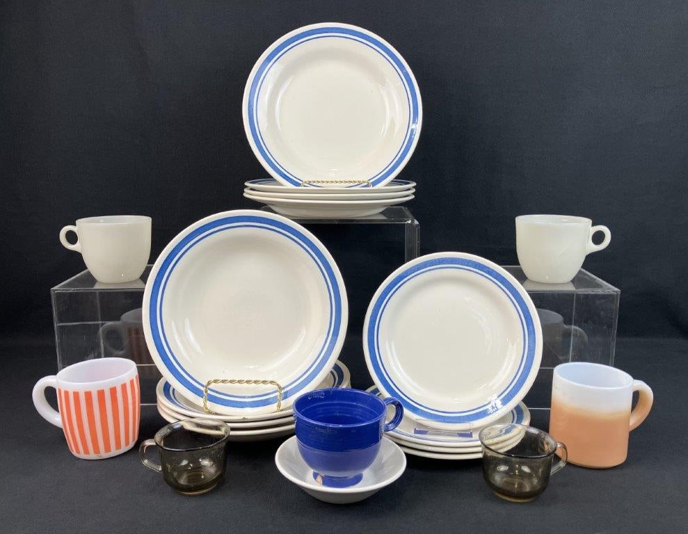 Twenty Piece Dinnerware Lot: Vintage assortment including twelve pieces of Oxford China, two Fire-King mugs, four additional glass mugs, one ceramic mug, and one small unmarked bowl. The largest plate measures approximately 1