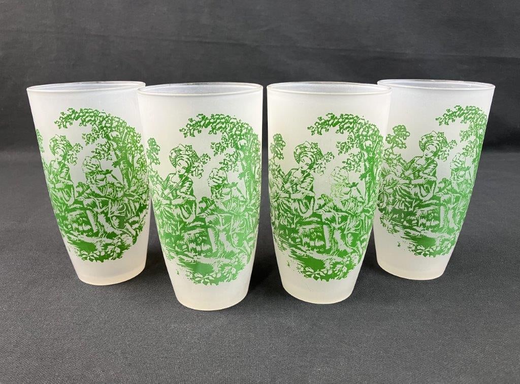 Four Frosted Green Toile Glasses: Set of four frosted glass tumblers decorated with a green toile pattern depicting a man and woman in a Rococo-style pastoral setting. One measures approximately 5 3/4â€³ H x