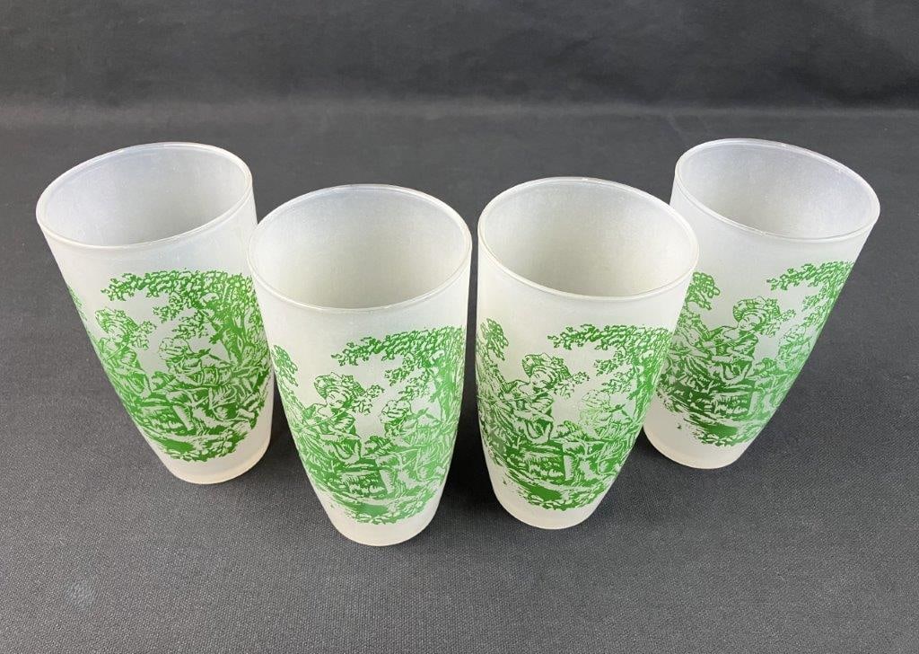 Four Frosted Green Toile Glasses - 2