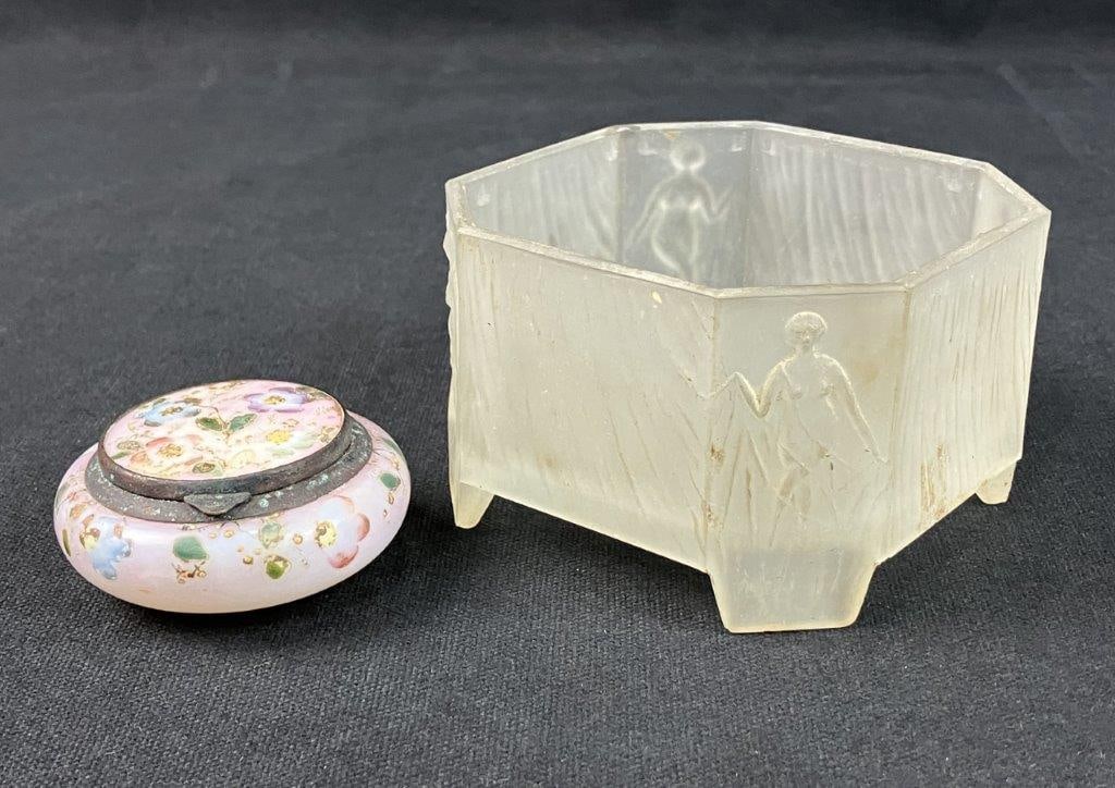 Two Trinket Dishes Including Ramses Paris Art Deco: Pair of late 19th century early 20th century trinket dishes including a milk glass covered example with hand-painted floral motif, suitable as a vanity jar, and a frosted glass dish with figural