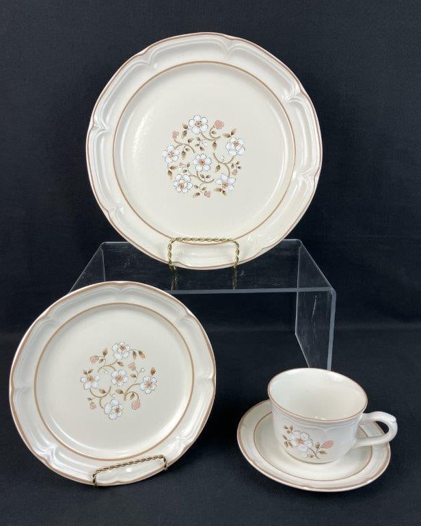 The Covington Edition Four Piece China Assortment: Group of four pieces in a floral pattern, including one teacup, one bread and butter plate, one salad plate, and one dinner plate. The dinner plate measures approximately 1â€³ H x 10
