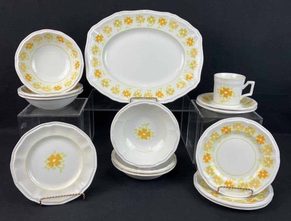 Fourteen Pieces of Kensington Staffordshire Ironstone China: Group of fourteen ironstone pieces by Kensington Staffordshire, decorated in the Piccadilly pattern with yellow floral motifs, including one teacup, two saucers, six bowls, four bread and butter